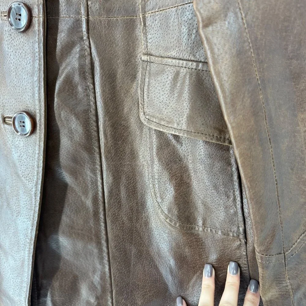 A.N.A Vintage Chocolate Brown Genuine Leather Button Front Mid Length Coat Sz M - Picture 3 of 7